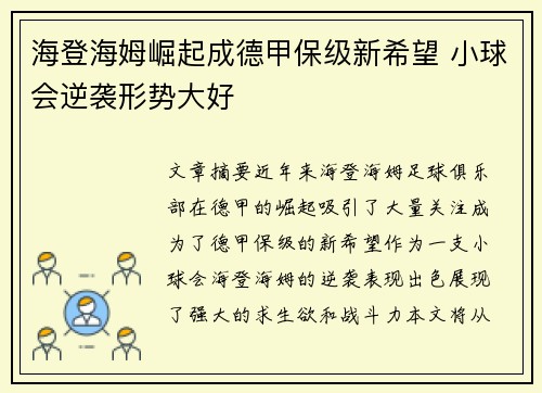 海登海姆崛起成德甲保级新希望 小球会逆袭形势大好 海登海姆崛起成德甲保级新希望 小球会逆袭形势大好